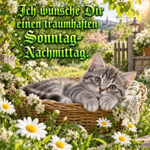 Ein graues Kätzchen liegt im Weidenkorb zwischen Gänseblümchen, dazu "Ich wünsche Dir einen traumhaften Sonntag-Nachmittag."