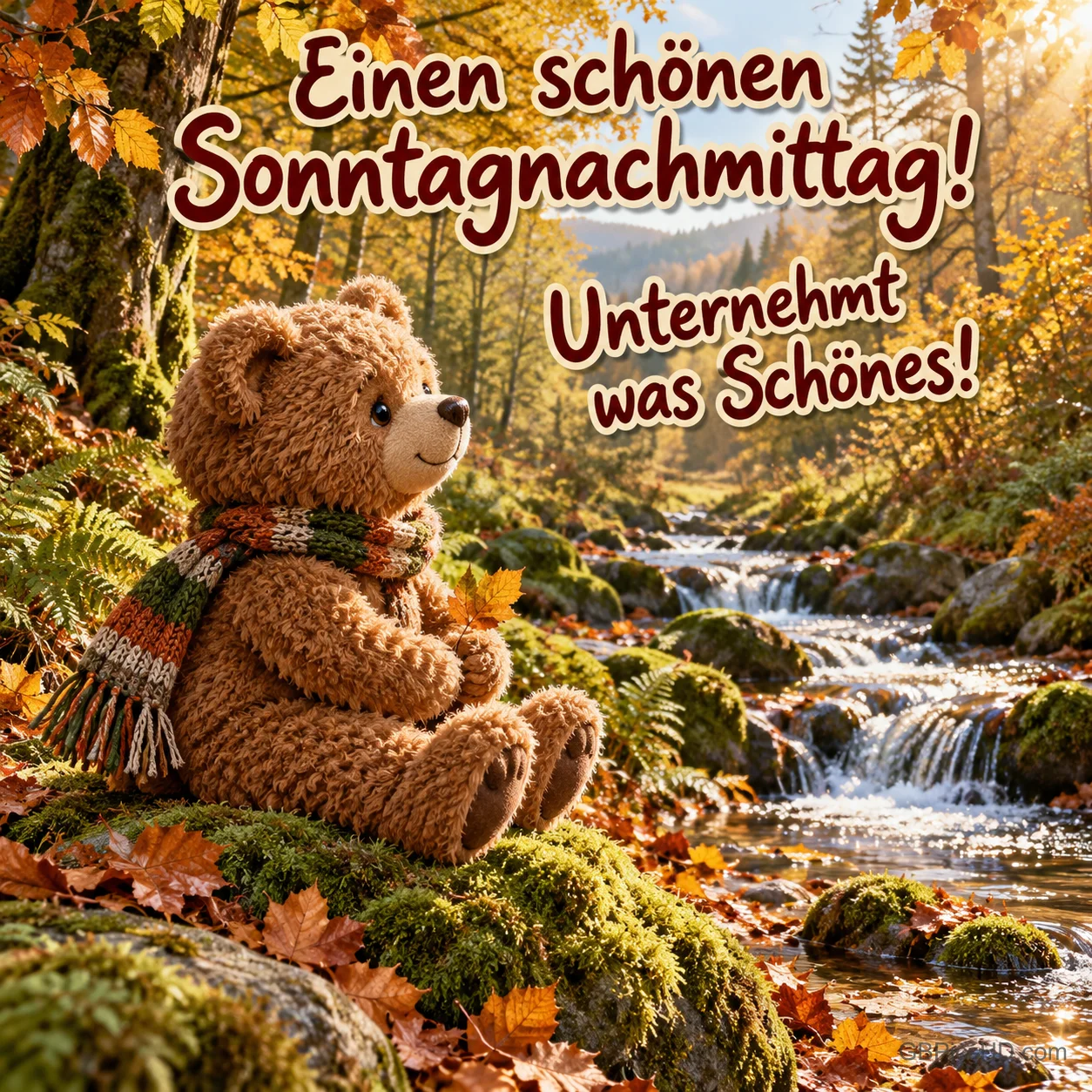 Ein Teddybär mit Schal sitzt an einem Bach im Herbstwald, dazu "Einen schönen Sonntagnachmittag! Unternehmt was Schönes!" Ein Teddybär mit Schal sitzt an einem Bach im Herbstwald, dazu "Einen schönen Sonntagnachmittag! Unternehmt was Schönes!"