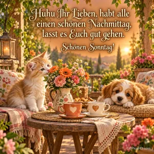 Kätzchen und Welpe sitzen auf einer Terrasse an einem Tisch mit Blumen und zwei Tassen, dazu "Schönen Sonntag!"