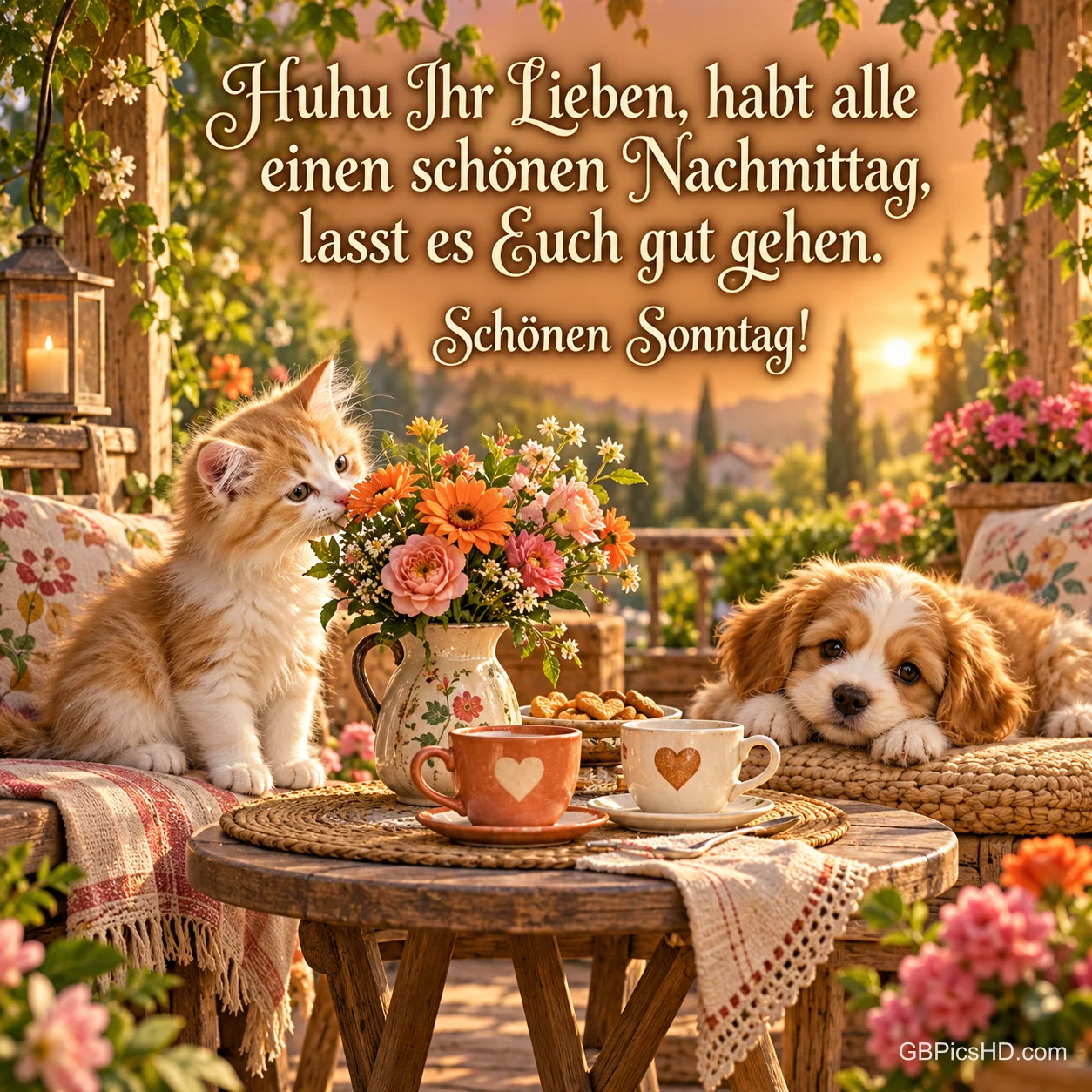 Kätzchen und Welpe sitzen auf einer Terrasse an einem Tisch mit Blumen und zwei Tassen, dazu "Schönen Sonntag!" Kätzchen und Welpe sitzen auf einer Terrasse an einem Tisch mit Blumen und zwei Tassen, dazu "Schönen Sonntag!"