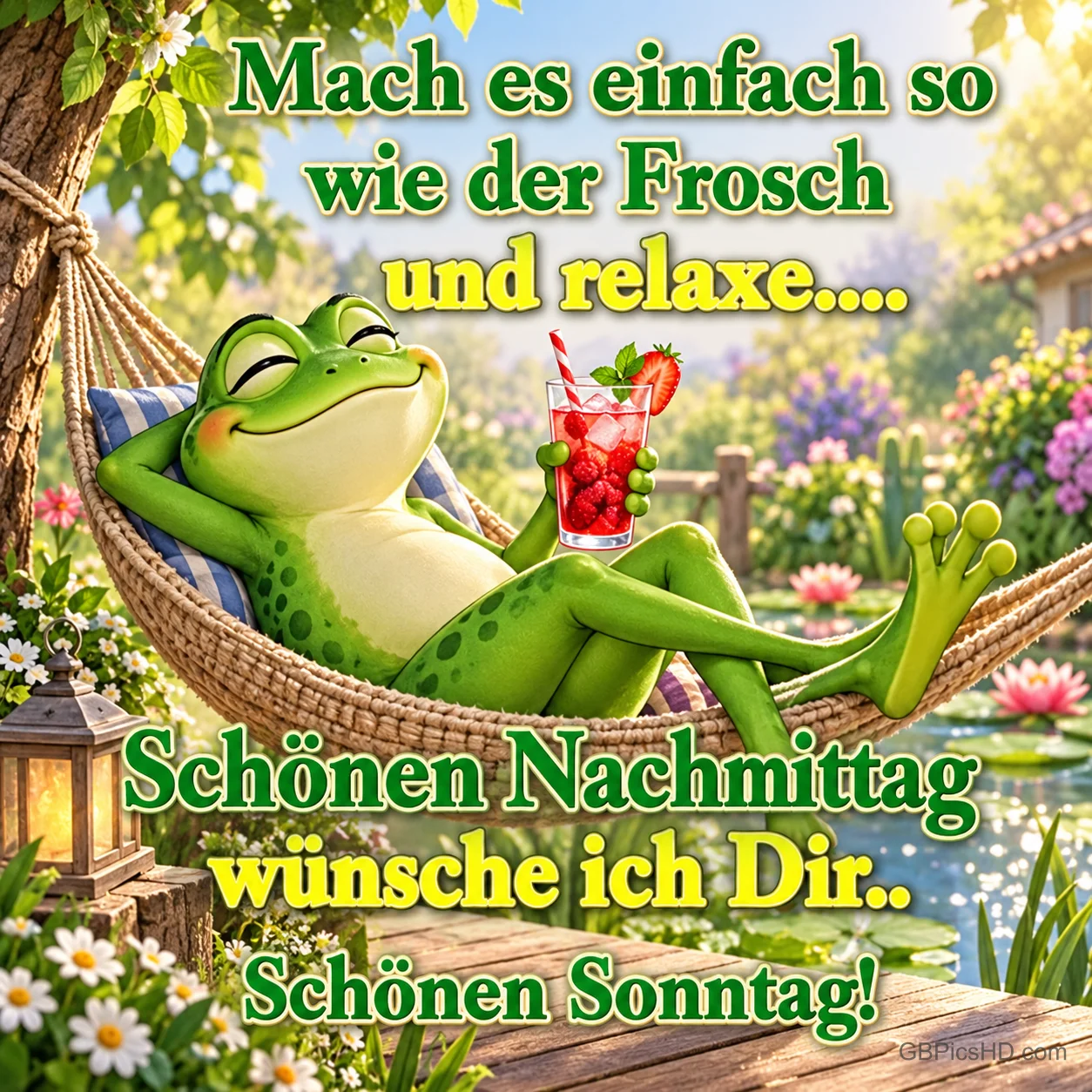 Ein Frosch entspannt mit einem Erdbeergetränk in einer Hängematte am Gartenteich, dazu "Schönen Sonntag!" Ein Frosch entspannt mit einem Erdbeergetränk in einer Hängematte am Gartenteich, dazu "Schönen Sonntag!"