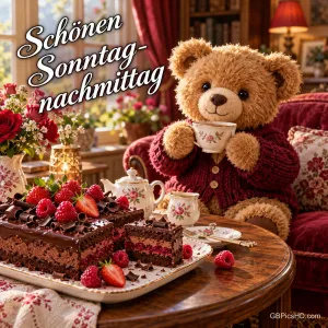 Ein Teddybär im roten Pullover hält eine Teetasse neben Schokoladenkuchen mit Beeren: "Schönen Sonntagnachmittag".