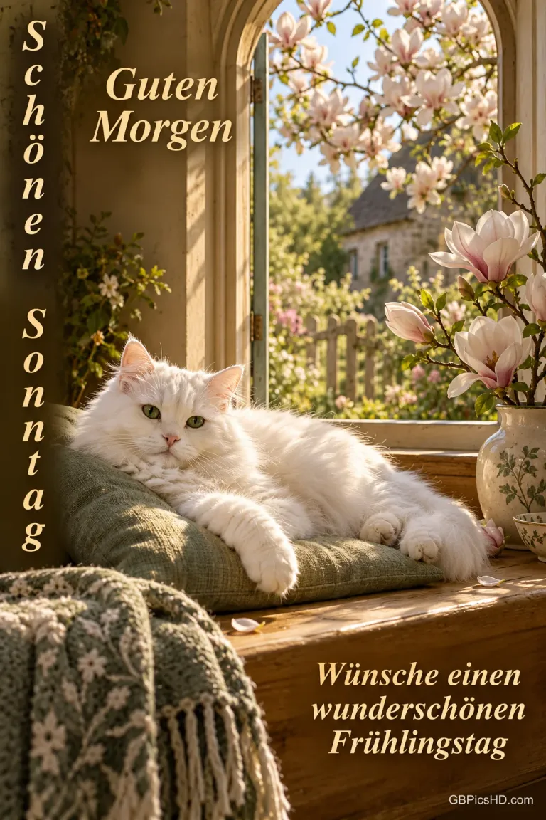 Eine weiße Katze ruht am Fenster neben Magnolien: "Schönen Sonntag Guten Morgen Wünsche einen wunderschönen Frühlingstag".