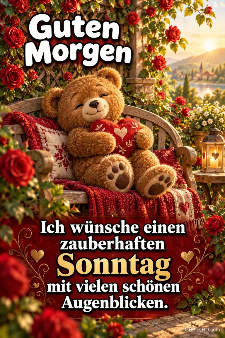 Ein Teddybär hält ein rotes Herz zwischen Rosen: "Guten Morgen Ich wünsche einen zauberhaften Sonntag mit vielen schönen Augenblicken.".