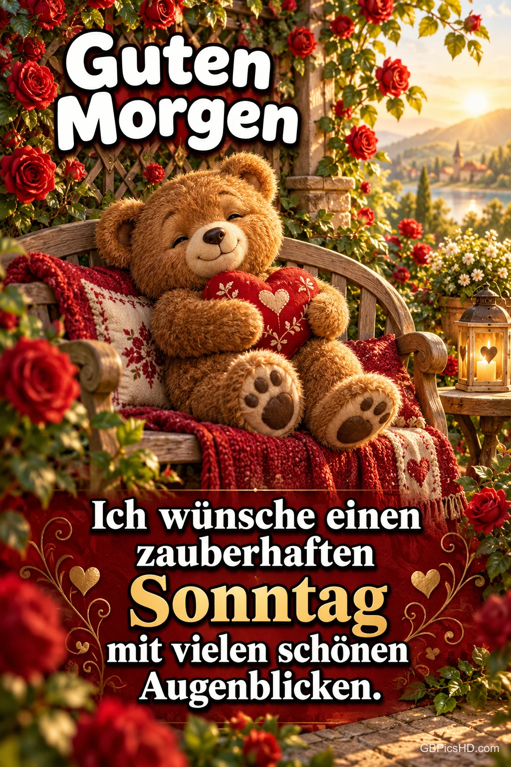 Ein Teddybär hält ein rotes Herz zwischen Rosen: "Guten Morgen Ich wünsche einen zauberhaften Sonntag mit vielen schönen Augenblicken.". Ein Teddybär hält ein rotes Herz zwischen Rosen: "Guten Morgen Ich wünsche einen zauberhaften Sonntag mit vielen schönen Augenblicken.".