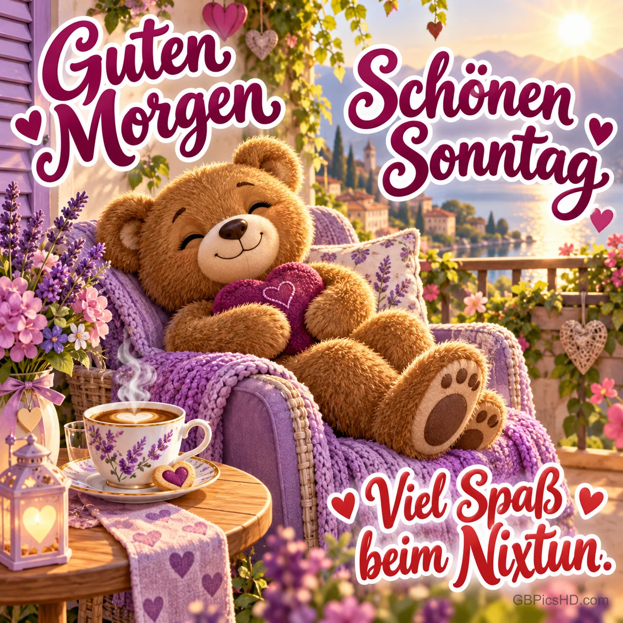 Ein Teddybär mit lila Herz liegt im Sessel auf einem Balkon: "Guten Morgen Schönen Sonntag Viel Spaß beim Nixtun.". Ein Teddybär mit lila Herz liegt im Sessel auf einem Balkon: "Guten Morgen Schönen Sonntag Viel Spaß beim Nixtun.".