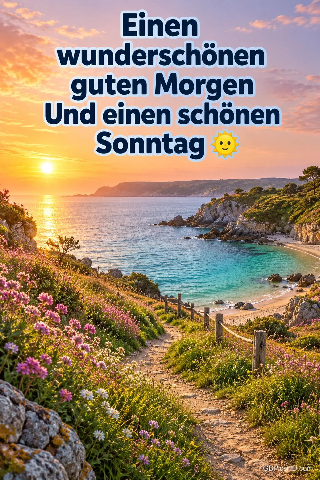 Ein Blumenpfad führt bei Sonnenaufgang zur Meeresbucht mit dem Gruß "Einen wunderschönen guten Morgen und einen schönen Sonntag 🌞". Ein Blumenpfad führt bei Sonnenaufgang zur Meeresbucht mit dem Gruß "Einen wunderschönen guten Morgen und einen schönen Sonntag 🌞".