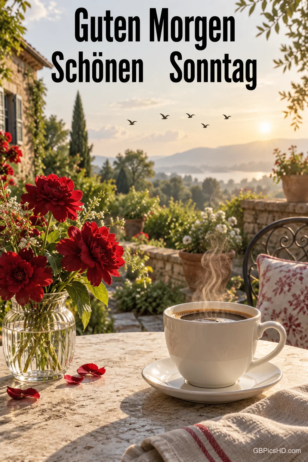 Eine dampfende Kaffeetasse und rote Blumen stehen auf einer sonnigen Terrasse mit dem Gruß "Guten Morgen Schönen Sonntag". Eine dampfende Kaffeetasse und rote Blumen stehen auf einer sonnigen Terrasse mit dem Gruß "Guten Morgen Schönen Sonntag".