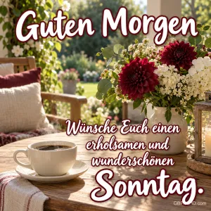 Kaffee und ein Strauß mit dunkelroten Blüten stehen auf dem Tisch: "Guten Morgen Wünsche Euch einen erholsamen und wunderschönen Sonntag.".
