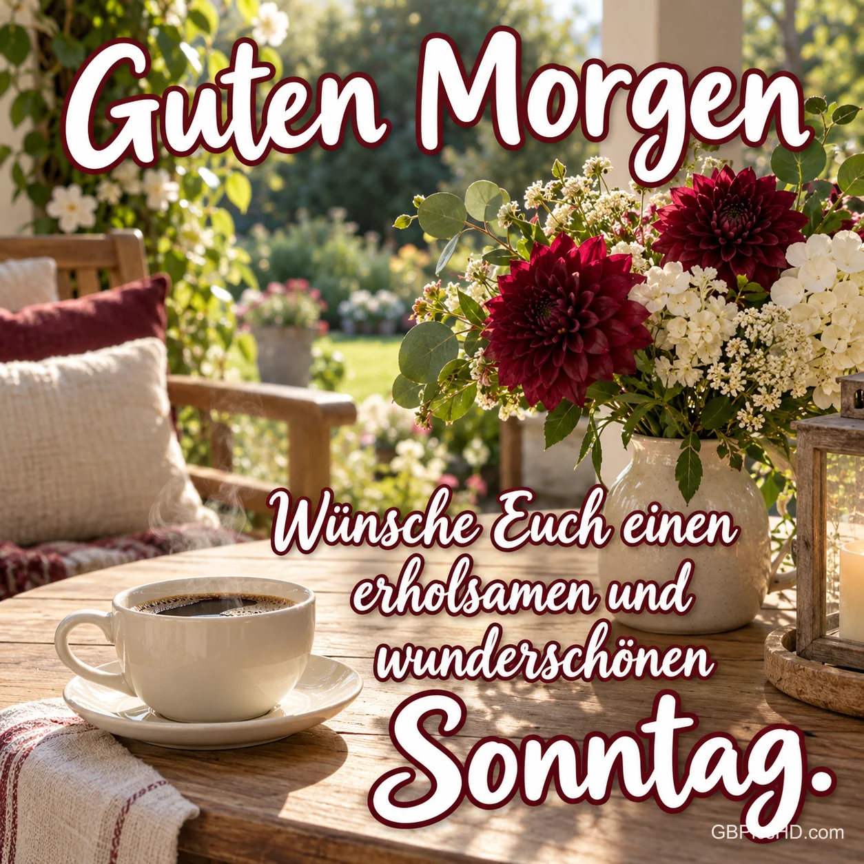 Kaffee und ein Strauß mit dunkelroten Blüten stehen auf dem Tisch: "Guten Morgen Wünsche Euch einen erholsamen und wunderschönen Sonntag.". Kaffee und ein Strauß mit dunkelroten Blüten stehen auf dem Tisch: "Guten Morgen Wünsche Euch einen erholsamen und wunderschönen Sonntag.".