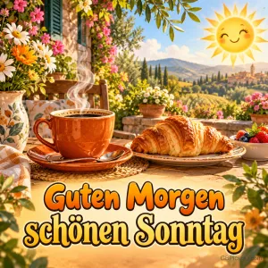 Kaffee, Croissant und Beeren stehen vor einer sonnigen Landschaft mit lächelnder Sonne: "Guten Morgen schönen Sonntag".