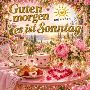 Zwei lächelnde Tassen stehen mit Gebäck und rosa Blumen auf einem Gartentisch: "Guten Morgen Aufstehen es ist Sonntag".