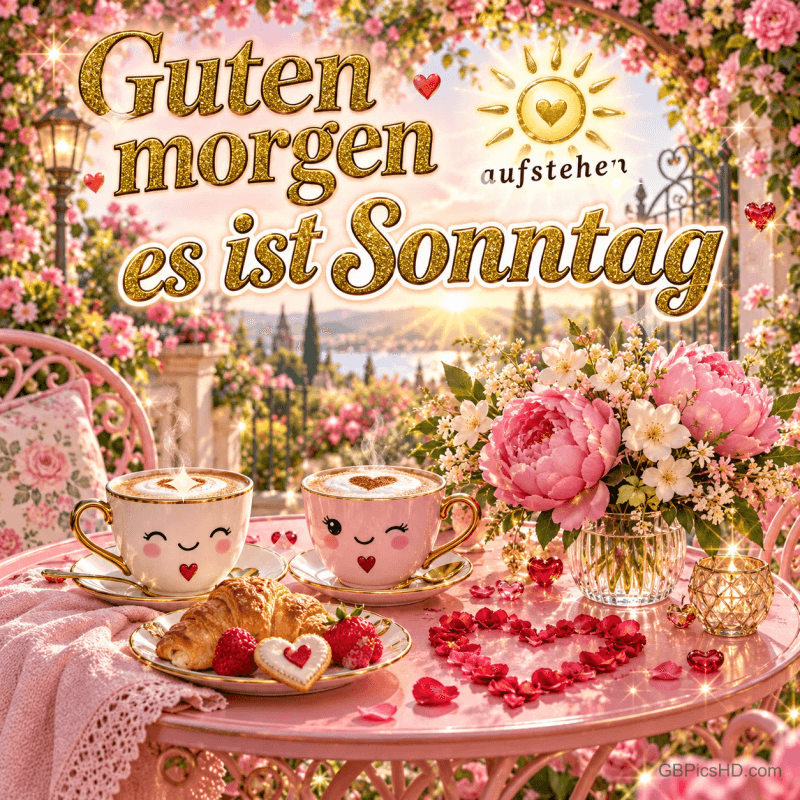 Zwei lächelnde Tassen stehen mit Gebäck und rosa Blumen auf einem Gartentisch: "Guten Morgen Aufstehen es ist Sonntag". Zwei lächelnde Tassen stehen mit Gebäck und rosa Blumen auf einem Gartentisch: "Guten Morgen Aufstehen es ist Sonntag".
