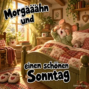 Eine kleine Maus im grünen Schlafanzug gähnt unter einer bunten Bettdecke: "Morgääähn und einen schönen Sonntag".