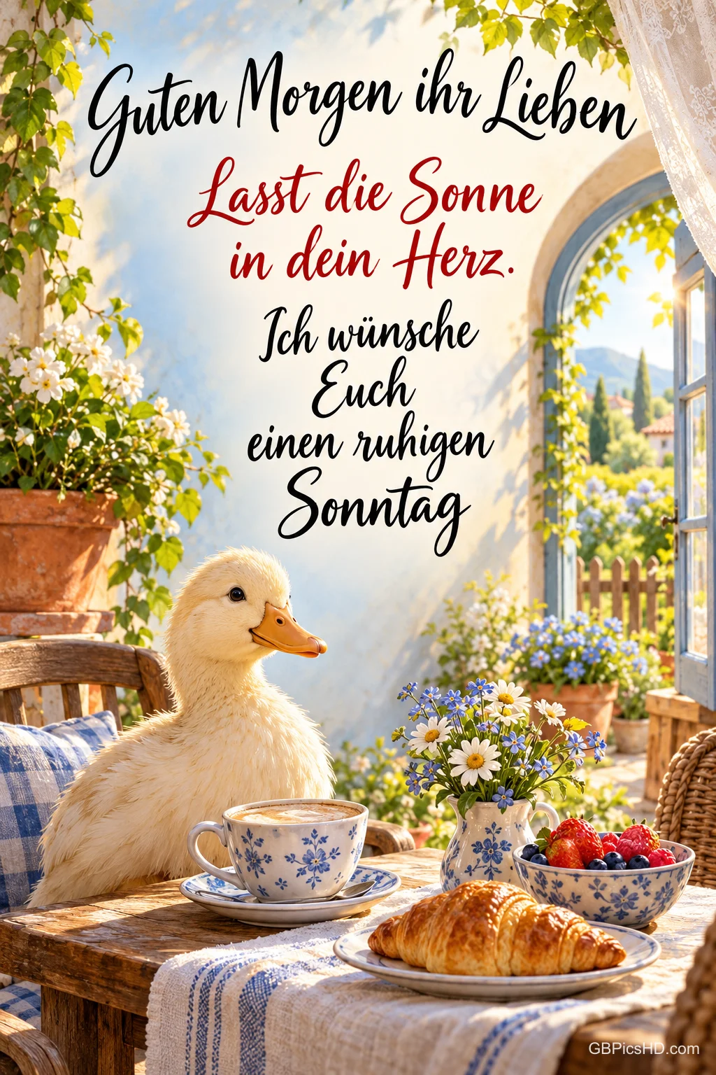 Ein Entenküken sitzt am sonnigen Frühstückstisch mit Kaffee, Croissant und Blumen unter dem Gruß "Guten Morgen ihr Lieben".