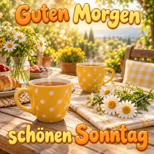 Zwei gelbe Kaffeetassen mit weißen Punkten stehen zwischen Margeriten und Croissants auf einem Gartentisch mit "Guten Morgen schönen Sonntag".