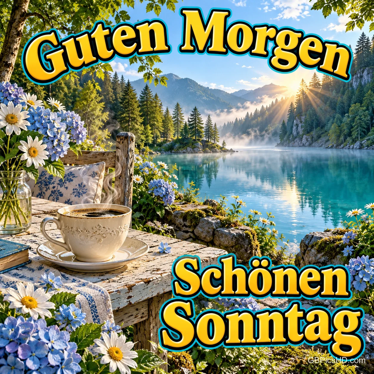 Eine Kaffeetasse steht neben blauen und weißen Blumen vor einem türkisblauen Bergsee mit dem Gruß "Guten Morgen Schönen Sonntag".