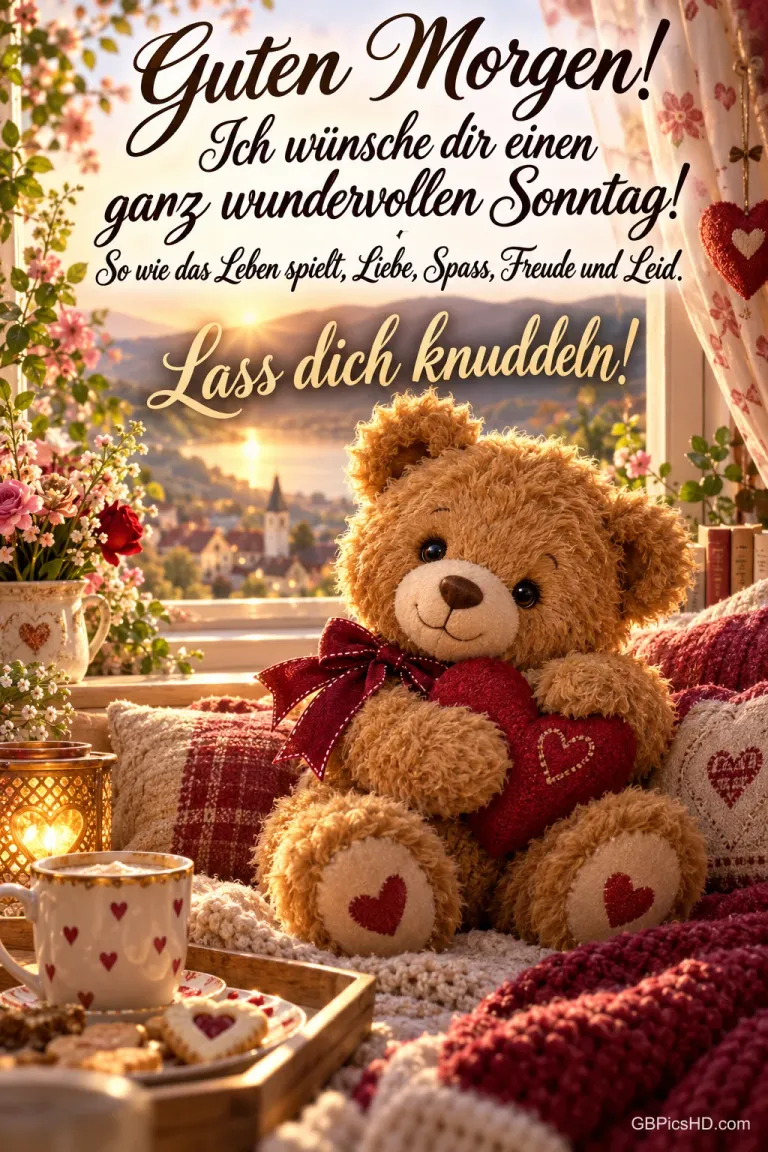 Ein Teddybär hält ein rotes Herz auf einer Decke am Fenster; darüber steht "Lass dich knuddeln!".