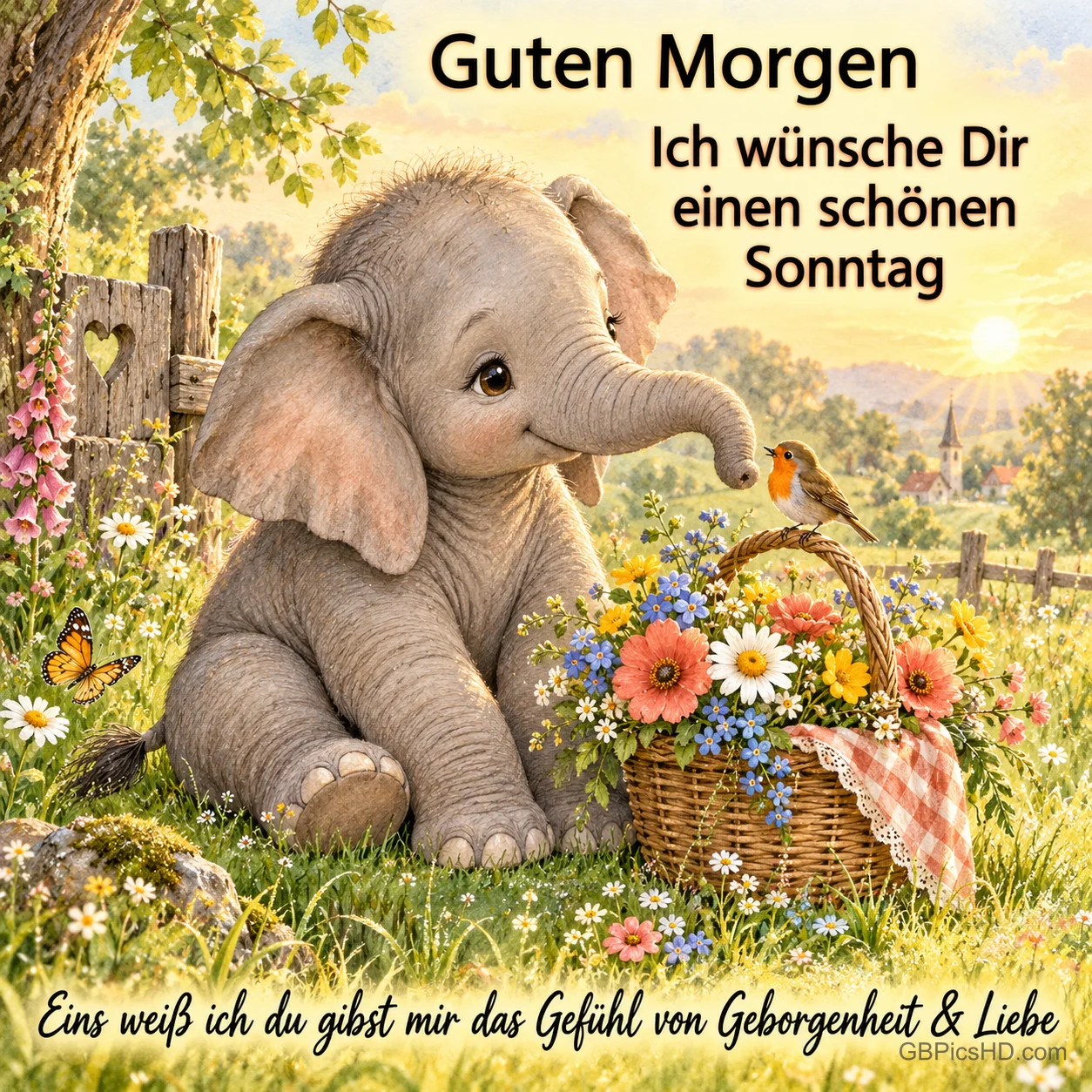 Ein kleiner Elefant sitzt neben einem Blumenkorb und hält seinen Rüssel zu einem Rotkehlchen unter dem Gruß "Guten Morgen".