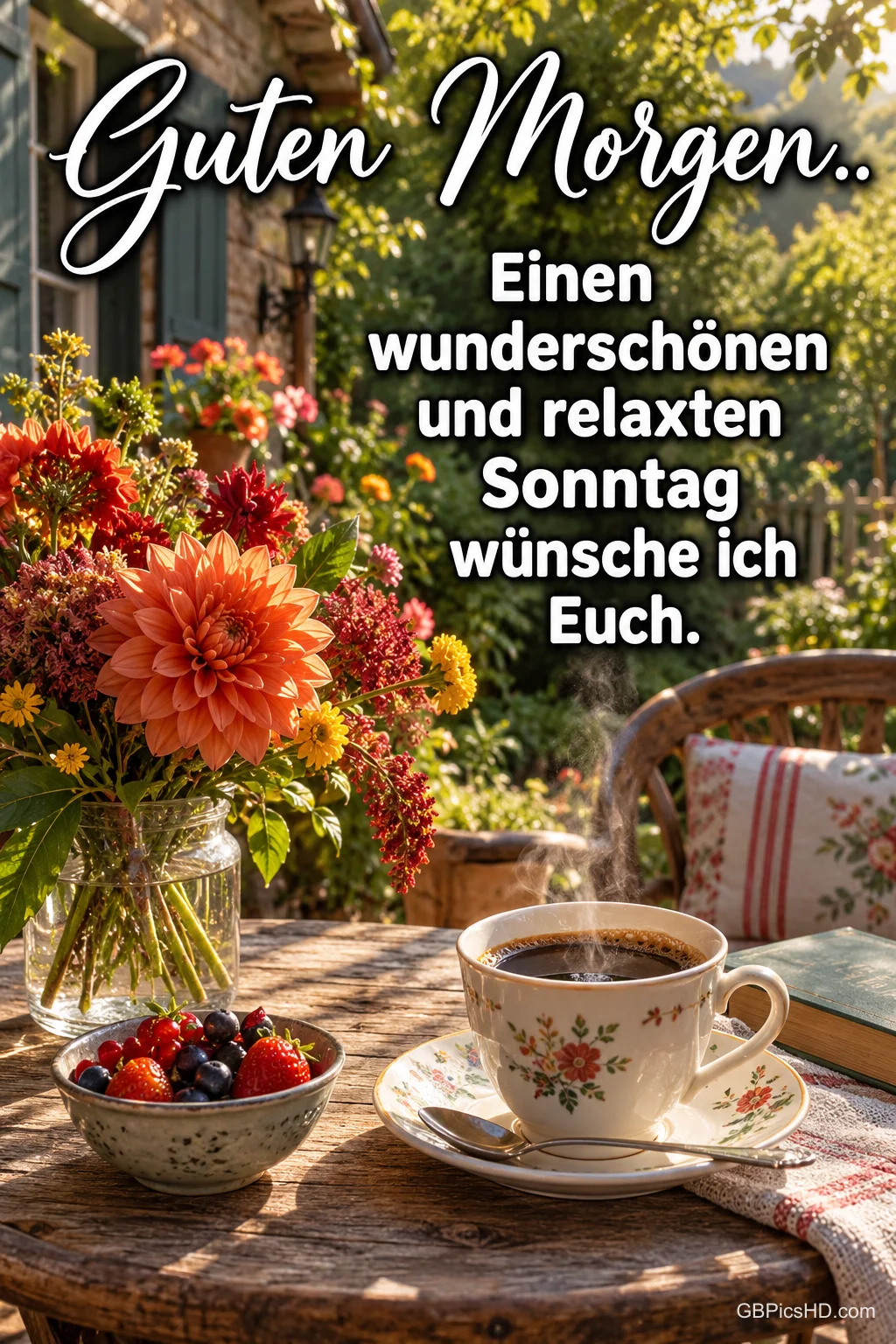 Kaffee, Beeren, ein Buch und ein bunter Blumenstrauß stehen auf einem sonnigen Gartentisch unter dem Gruß "Guten Morgen..".