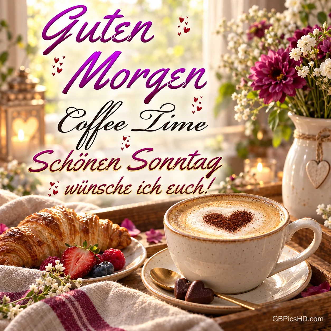 Eine Tasse Kaffee mit einem Herz im Milchschaum steht neben Croissant, Beeren und Blumen unter dem Gruß "Guten Morgen".