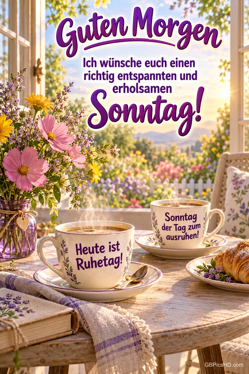 Zwei beschriftete Kaffeetassen stehen mit Blumen, einem Buch und einem Croissant am offenen Fenster unter dem Gruß "Guten Morgen".