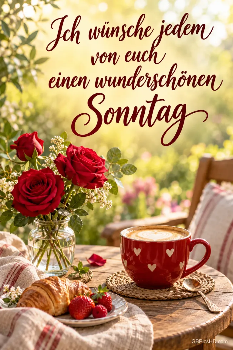 Rote Rosen, Kaffee, Croissant und Erdbeeren auf einem Gartentisch mit "Ich wünsche jedem von euch einen wunderschönen Sonntag".