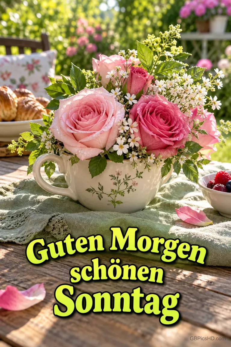 Rosa Rosen und kleine weiße Blüten in einer geblümten Tasse auf einem Gartentisch mit "Guten Morgen schönen Sonntag".