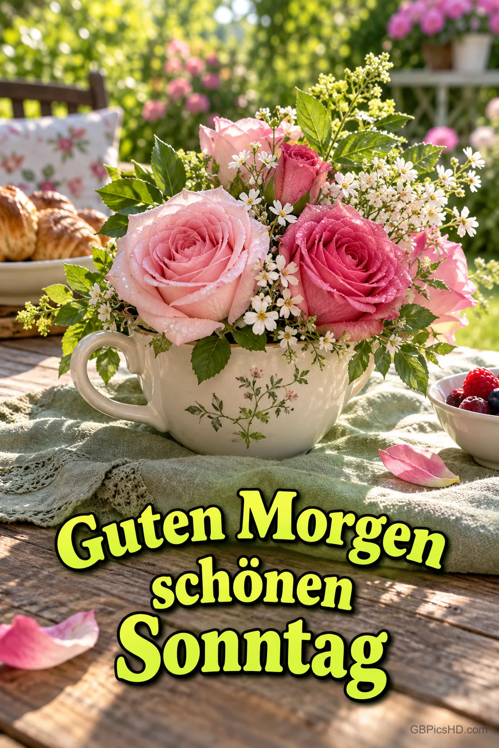 Rosa Rosen und kleine weiße Blüten in einer geblümten Tasse auf einem Gartentisch mit "Guten Morgen schönen Sonntag".