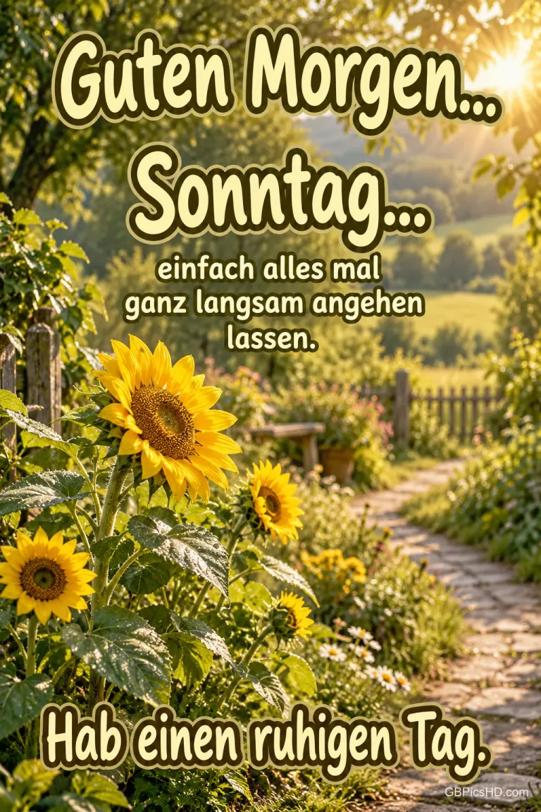 Sonnenblumen neben einem Gartenweg im warmen Morgenlicht mit dem Gruß "Hab einen ruhigen Tag.".
