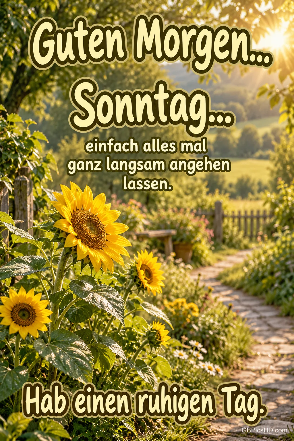 Sonnenblumen neben einem Gartenweg im warmen Morgenlicht mit dem Gruß "Hab einen ruhigen Tag.".