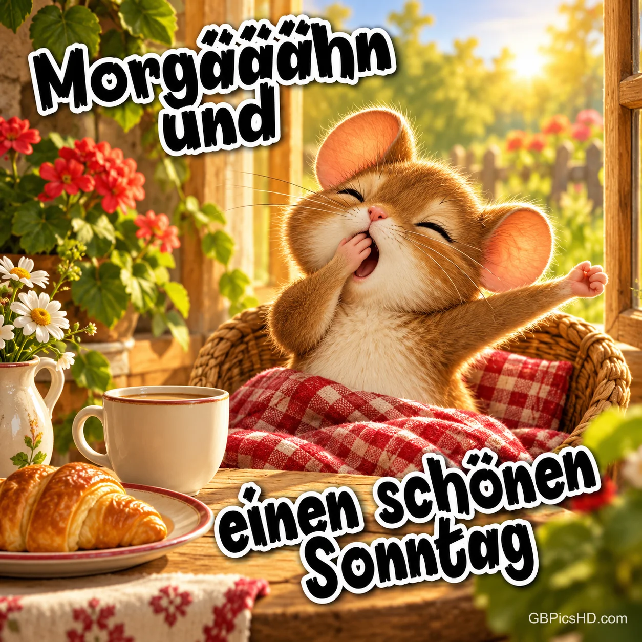 Eine gähnende Maus unter einer karierten Decke neben Kaffee und Croissant mit "Morgääähn und einen schönen Sonntag".