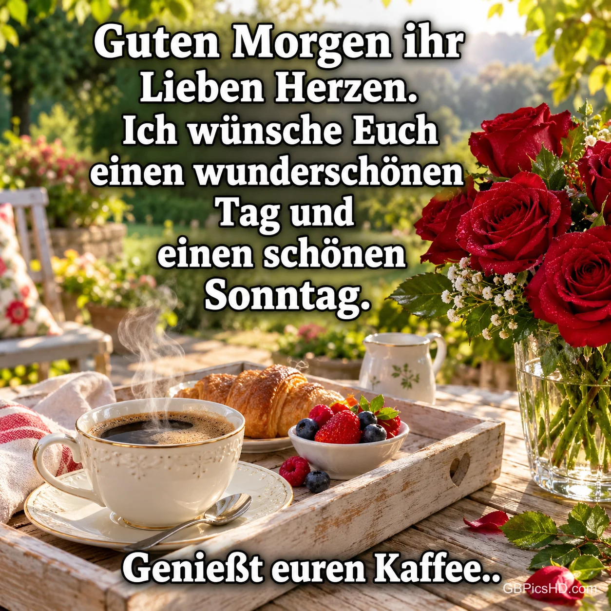 Kaffee, Croissants und Beeren auf einem Holztablett neben roten Rosen im Garten mit "Genießt euren Kaffee..".