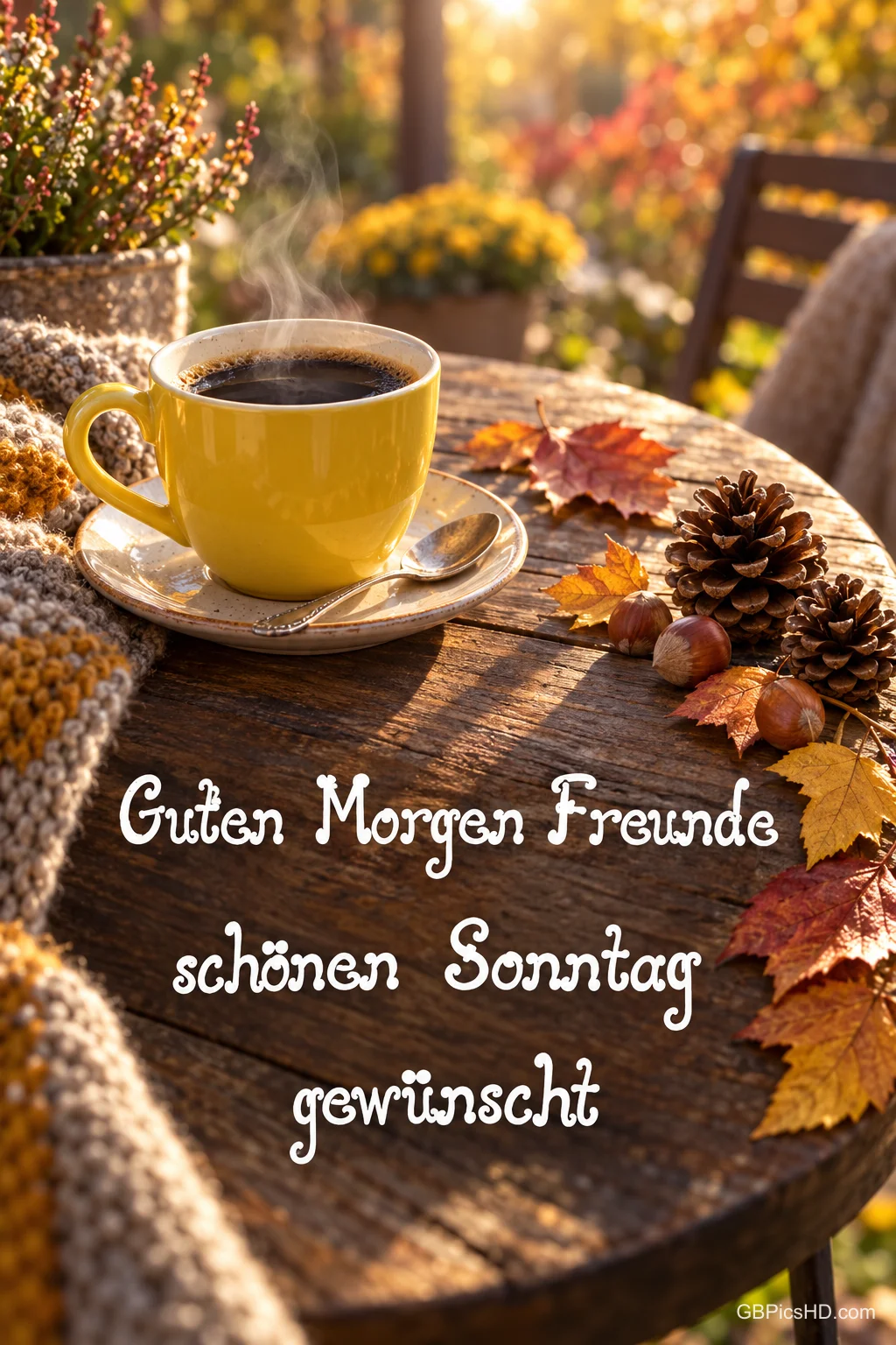 Eine gelbe Kaffeetasse auf einem Holztisch mit Herbstblättern und Zapfen sowie "Guten Morgen Freunde schönen Sonntag gewünscht".