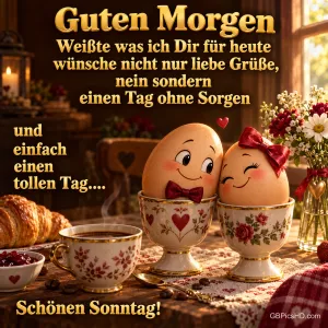 Zwei lächelnde Eier mit roten Schleifen in geblümten Eierbechern neben Kaffee und Blumen mit "Schönen Sonntag!".