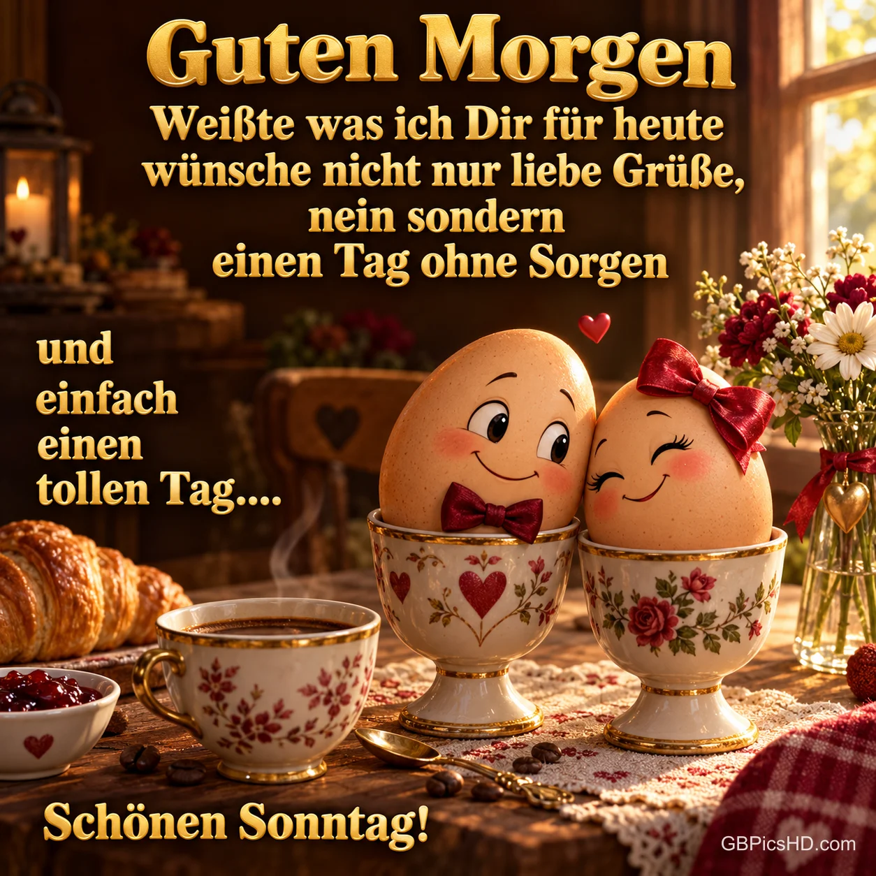Zwei lächelnde Eier mit roten Schleifen in geblümten Eierbechern neben Kaffee und Blumen mit "Schönen Sonntag!".