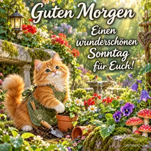 Eine orange Katze mit Gartenschürze sitzt zwischen Blumen: "Guten Morgen Einen wunderschönen Sonntag für Euch!".