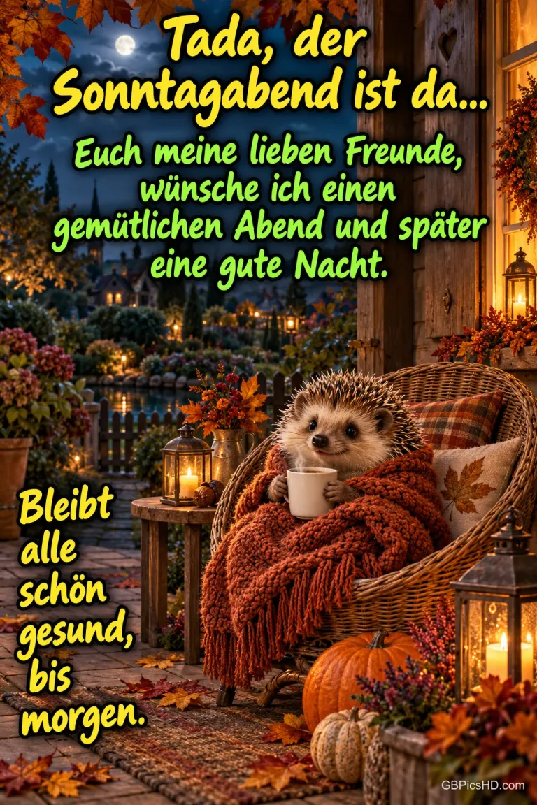 Ein Igel sitzt mit Tasse und Decke im Korbsessel: "Tada, der Sonntagabend ist da...".