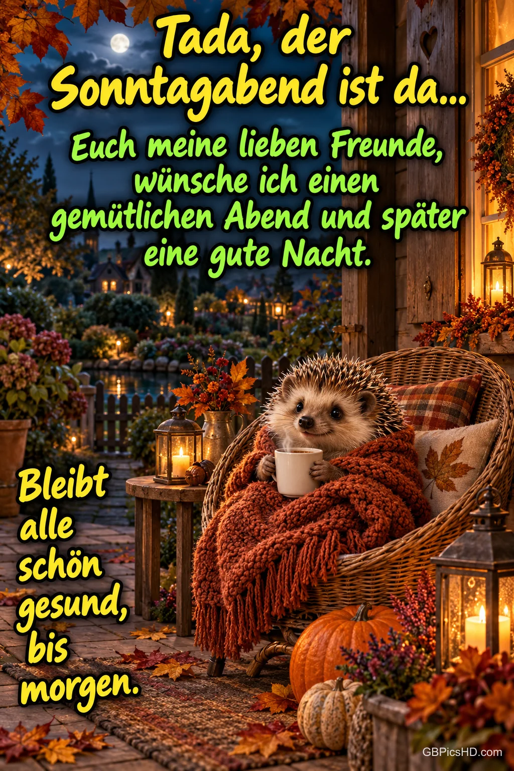 Ein Igel sitzt mit Tasse und Decke im Korbsessel: "Tada, der Sonntagabend ist da...".