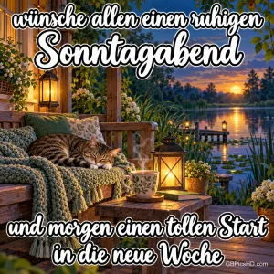 Eine Katze schläft auf einer Decke am See, daneben leuchten Laternen: "Wünsche allen einen ruhigen Sonntagabend".