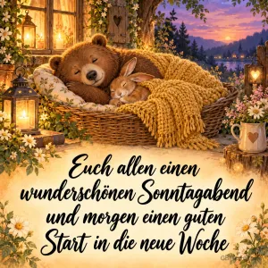 Bär und Hase schlafen im Korb: "Euch allen einen wunderschönen Sonntagabend und morgen einen guten Start in die neue Woche".