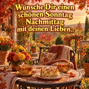 Herbstliche Terrasse mit zwei Tassen und Apfelkuchen: "Wünsche Dir einen schönen Sonntagnachmittag mit deinen Lieben..".