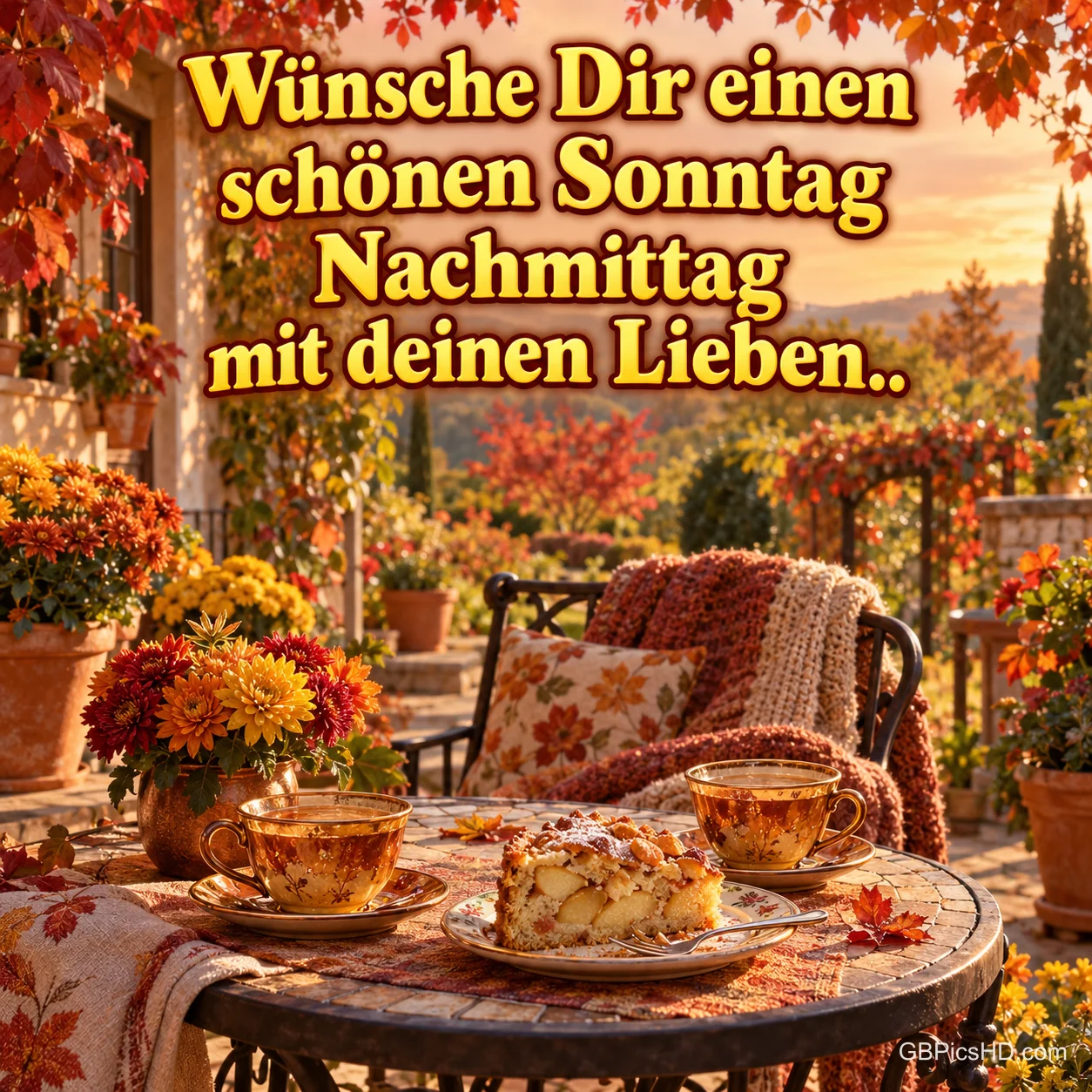 Herbstliche Terrasse mit zwei Tassen und Apfelkuchen: "Wünsche Dir einen schönen Sonntagnachmittag mit deinen Lieben..". Herbstliche Terrasse mit zwei Tassen und Apfelkuchen: "Wünsche Dir einen schönen Sonntagnachmittag mit deinen Lieben..".
