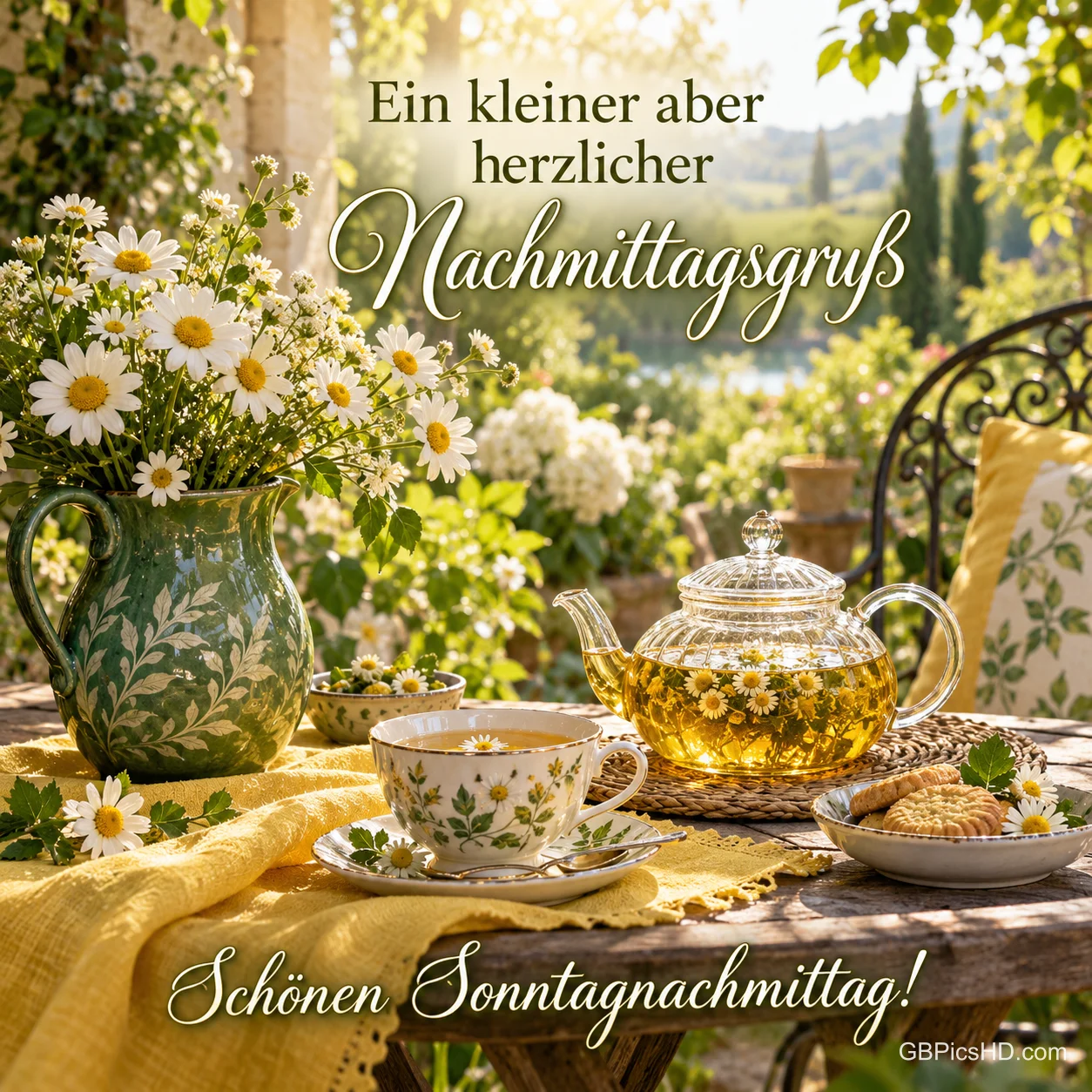 Eine Glaskanne mit Blütentee, eine Tasse, Kekse und Margeriten im grünen Krug mit "Schönen Sonntagnachmittag!". Eine Glaskanne mit Blütentee, eine Tasse, Kekse und Margeriten im grünen Krug mit "Schönen Sonntagnachmittag!".