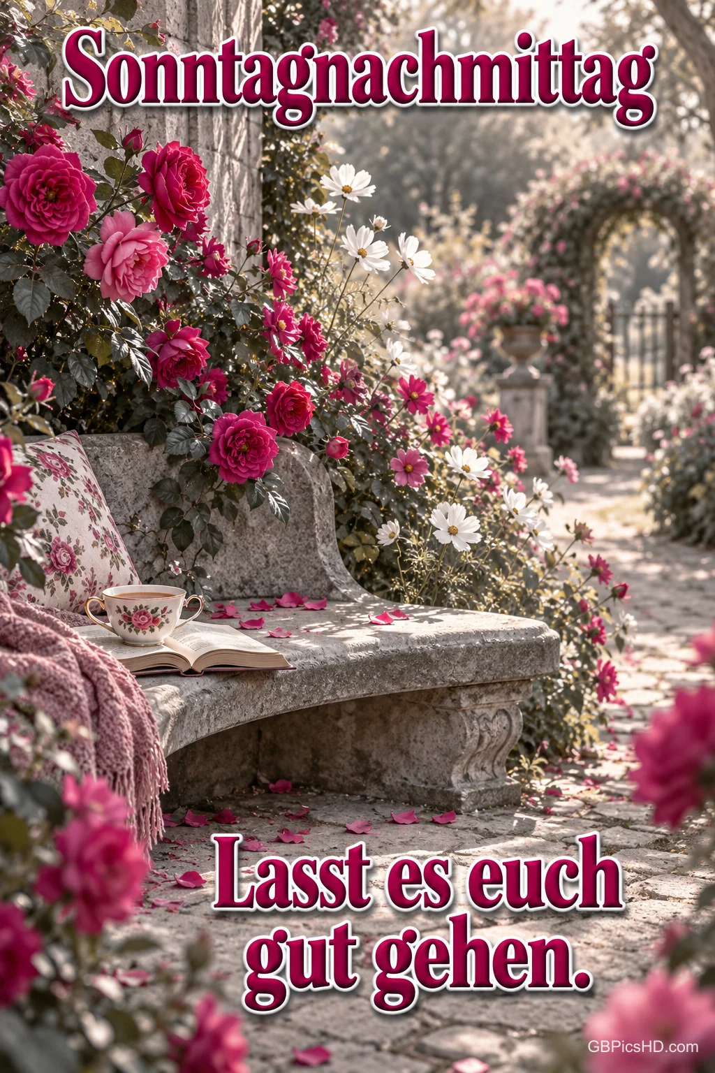 Eine Steinbank mit Buch, Tasse und Decke zwischen rosa Rosen mit "Sonntagnachmittag Lasst es euch gut gehen.". Eine Steinbank mit Buch, Tasse und Decke zwischen rosa Rosen mit "Sonntagnachmittag Lasst es euch gut gehen.".