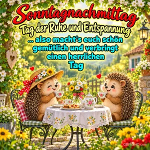Zwei gezeichnete Igel trinken Tee an einem blumengeschmückten Gartentisch mit "Sonntagnachmittag Tag der Ruhe und Entspannung".