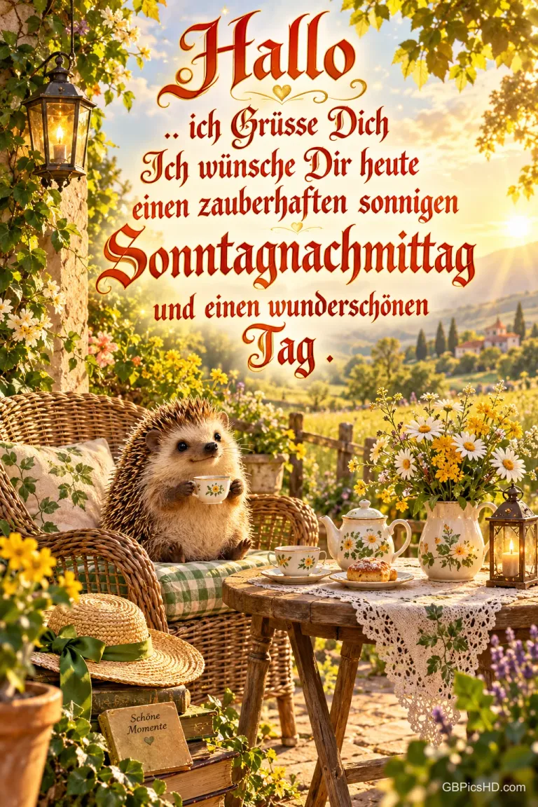 Ein Igel hält eine Tasse im Korbsessel neben einem Tisch mit Teekanne und Blumen mit "Sonntagnachmittag".