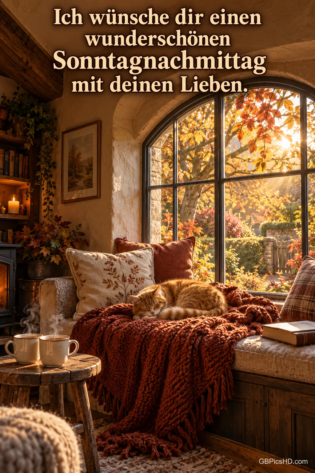 Eine Katze schläft am Herbstfenster unter "Ich wünsche dir einen wunderschönen Sonntagnachmittag mit deinen Lieben.". Eine Katze schläft am Herbstfenster unter "Ich wünsche dir einen wunderschönen Sonntagnachmittag mit deinen Lieben.".