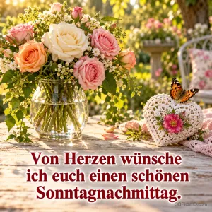 Strauß aus Rosen in Pastelltönen in einer Glasvase im sonnigen Garten, daneben ein Häkelherz mit Schmetterling, und der Text "Von Herzen wünsche ich euch einen schönen Sonntagnachmittag."