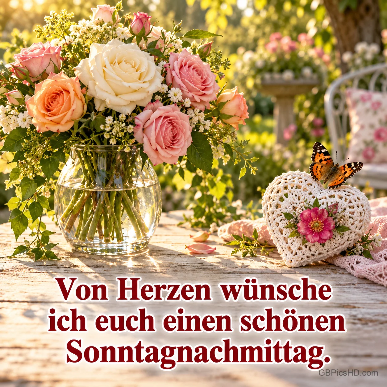 Strauß aus Rosen in Pastelltönen in einer Glasvase im sonnigen Garten, daneben ein Häkelherz mit Schmetterling, und der Text "Von Herzen wünsche ich euch einen schönen Sonntagnachmittag." Strauß aus Rosen in Pastelltönen in einer Glasvase im sonnigen Garten, daneben ein Häkelherz mit Schmetterling, und der Text "Von Herzen wünsche ich euch einen schönen Sonntagnachmittag."